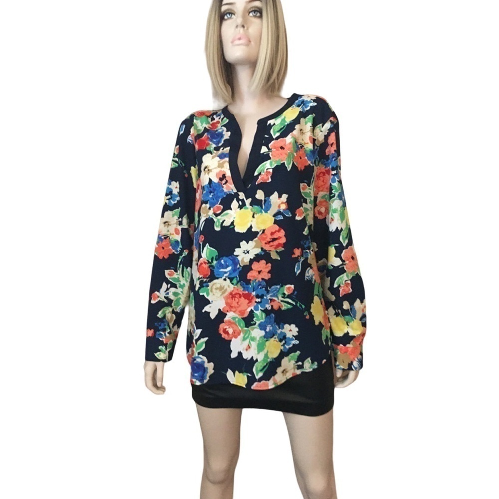 Ralph Lauren Blouse Top Shirt Plunge Neck Tunic Tank Long Sleeve Vivid Floral